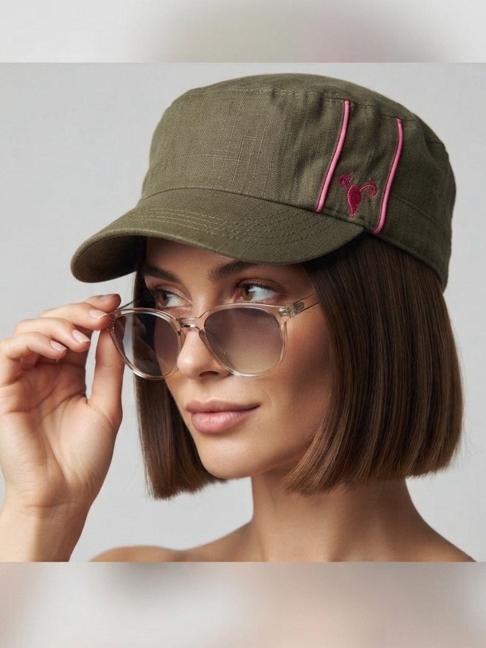 Olive Army Cap with Pink Trim